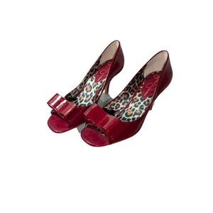Jessica Simpson Kendale Patent Peep-Toe Heels - 6M, Red Bow, Leopard Liner, Box